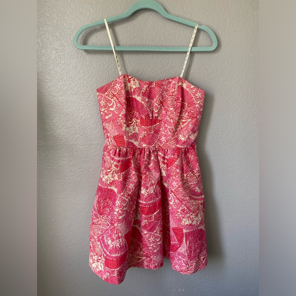 Lilly Pulitzer Strapless Pink & Red & Metallic Thread Dress